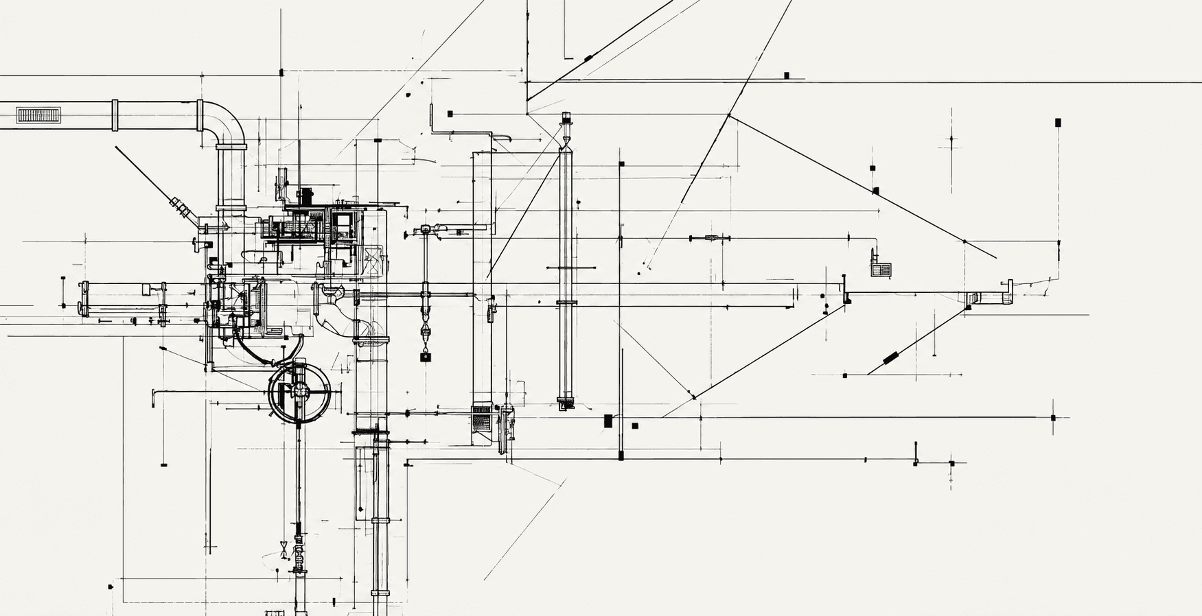 Technical drawing of MEP installations with piping, a pump and air ducts